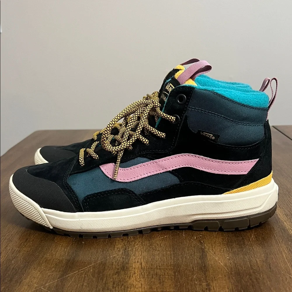 Vans High-Top Sneakers in Black, Pink, Teal & Yellow